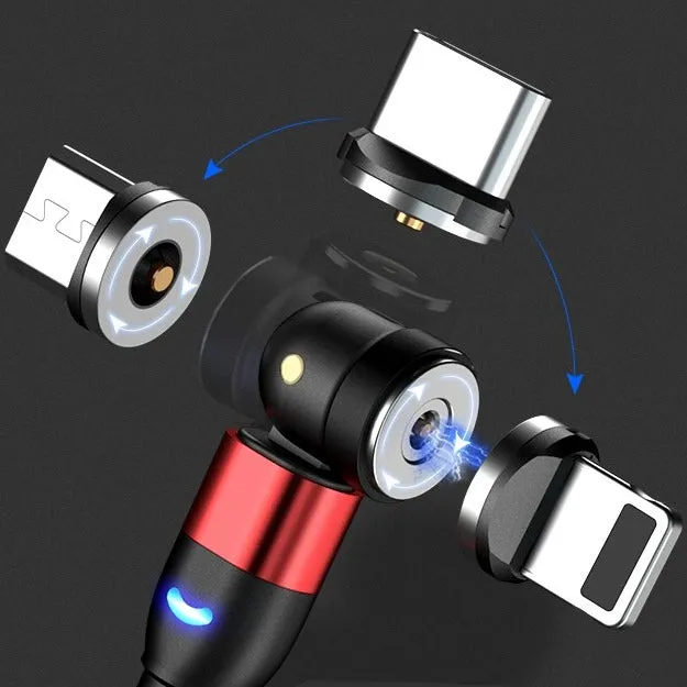 (1m) 3in1 Magnetic 540 Degree Rotatable USB A to USB C / Micro USB / Lightning Charging Cable Nylon Braided Data Cable - Red