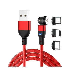 (1m) 3in1 Magnetic 540 Degree Rotatable USB A to USB C / Micro USB / Lightning Charging Cable Nylon Braided Data Cable - Red
