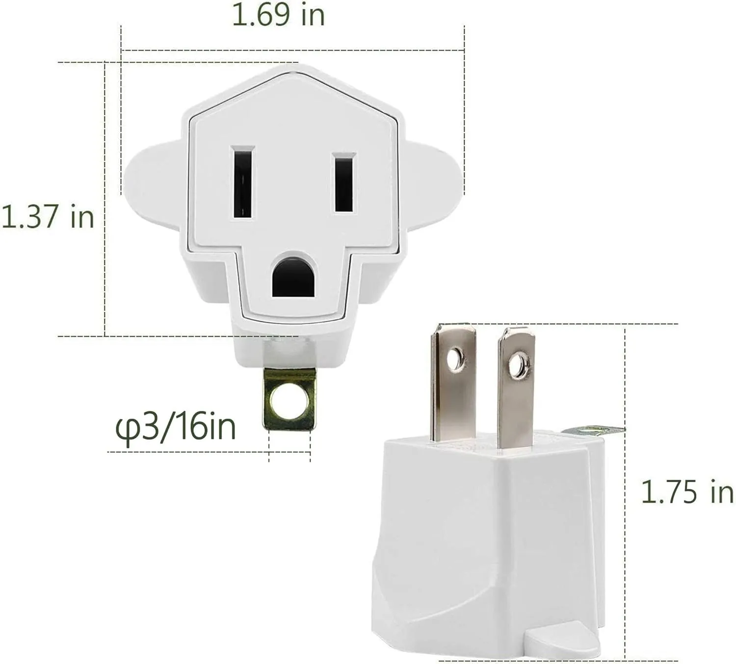 3 Prong to 2 Prong Polarized Grounding Adapter, Wall Outlet Converter  3-Prong Adapter Fireproof Material 392℉ Resistant Heavy Duty for Household, Christmas Light, Indoor Use Only, 10 Pack