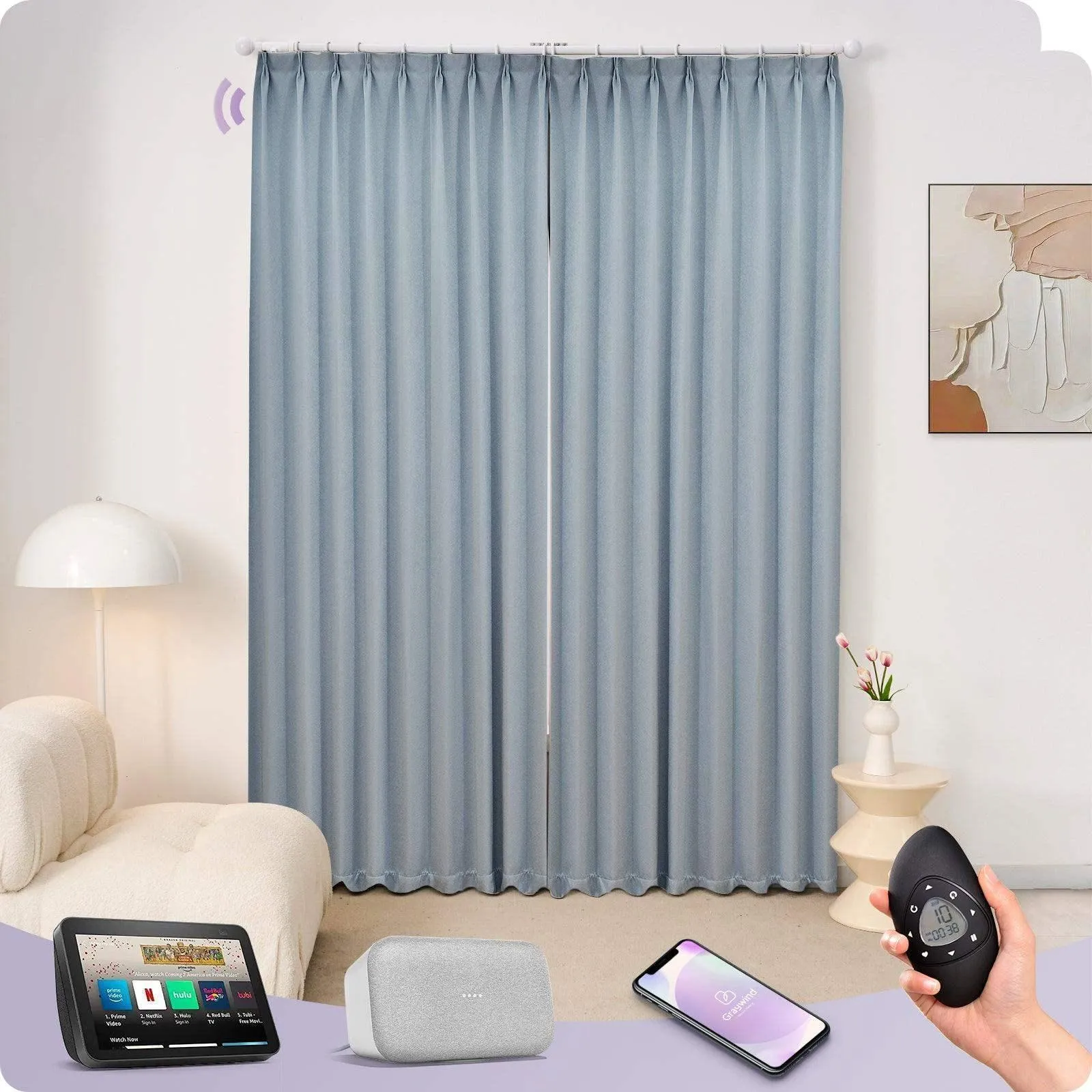 Graywind Hardwired Smart Curtain with Roman Rod | Light Filtering- Satin Series | Customizable