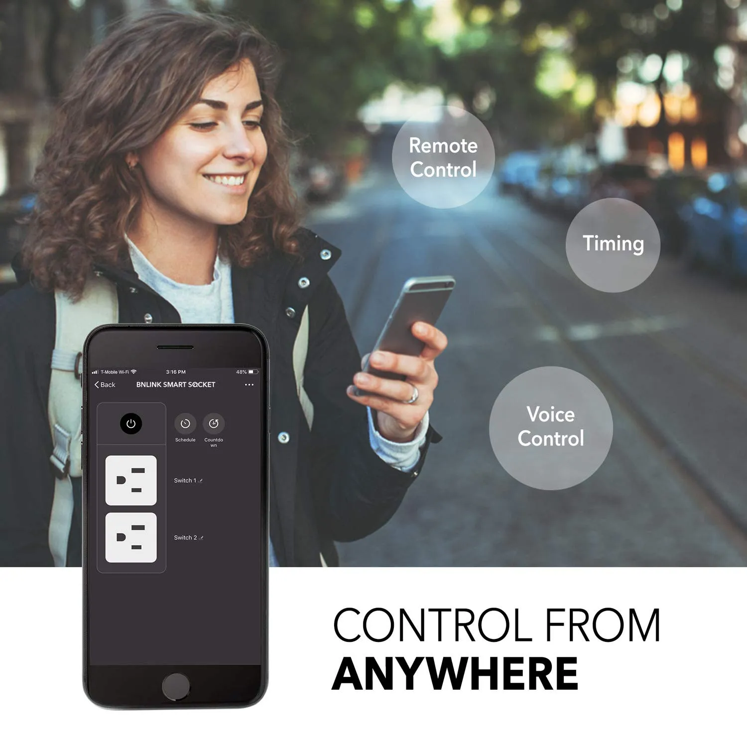 Smart 15A WiFi&Bluetooth Outlet Extender Dual Socket Plugs Compatible Function ETL 2-Pack BN-LINK